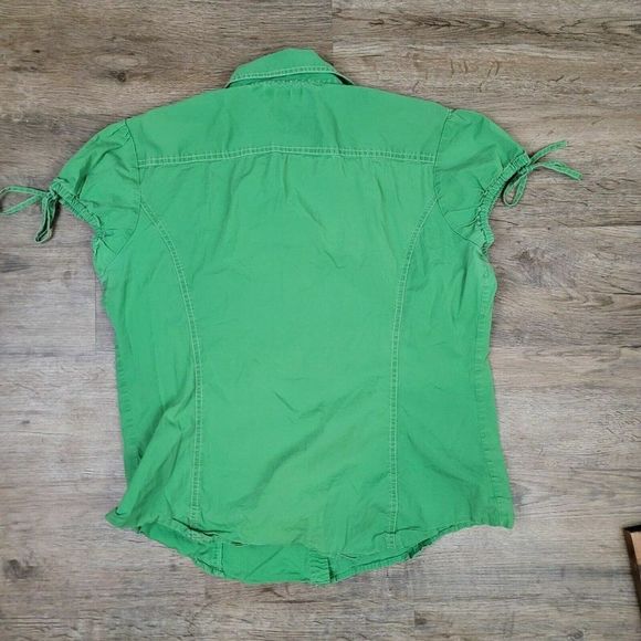 Tommy Hilfiger T-Shirt Button Up Green Solid Polo Shirt Short Sleeve 90s Y2K L - Picture 8 of 8